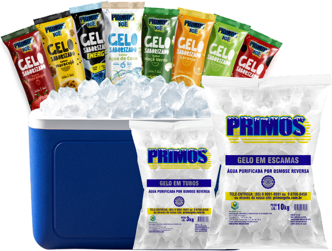 Linha completa Primos Ice: gelo saborizado nos 9 sabores, gelo em tubos e gelo em escamas